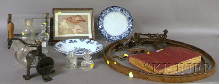 Group of Country and Decorative Items, a yellow-pa: Group of Country and Decorative Items, a yellow-painted wooden case/box with fitted interior, two iron barrel rings, an Arcade Crystal cast iron and glass coffee grinder, a Victorian cast iron plant w