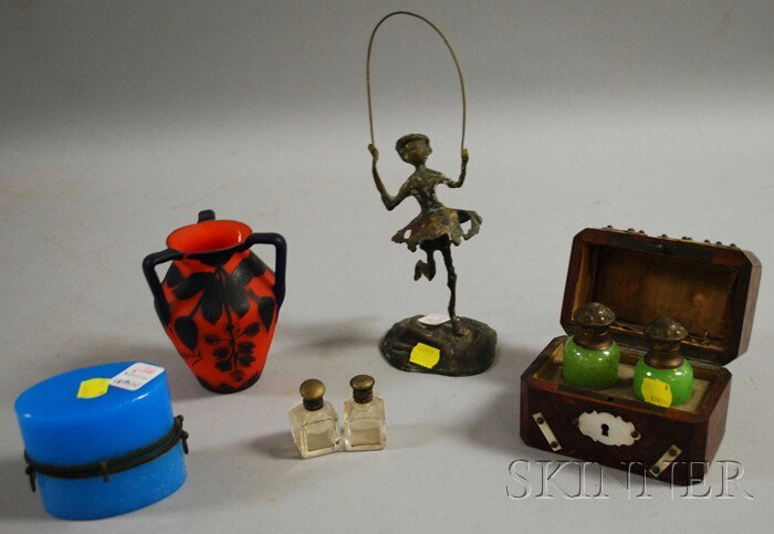 Group of 19th and 20th Century Articles, a modern : Group of 19th and 20th Century Articles, a modern bronze figure of a girl jumping rope, Richard art glass vase, a Victorian art glass box, pair of small glass perfumes, and mother-of-pearl mounted woo