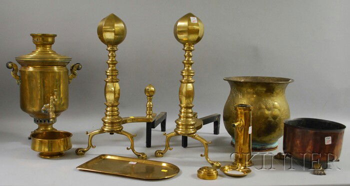 Brass Samovar, a Pair of Andirons, Jardiniere, and: Brass Samovar, a Pair of Andirons, Jardiniere, and a Copper Jardiniere.