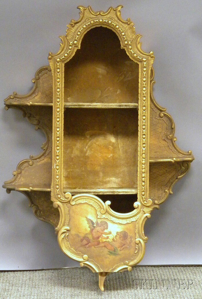 Rococo-style Carved Painted Cherub-decorated Giltw: Rococo-style Carved Painted Cherub-decorated Giltwood Display Wall Cabinet, (lacking glass), approx. lg. 34, wd. 24, dp. 7 in.