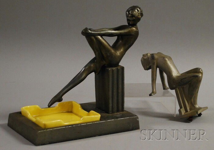 Frankart Art Deco Painted Cast Metal Figural Ashtr: Frankart Art Deco Painted Cast Metal Figural Ashtray and a Frankart-type Metal Figural.
