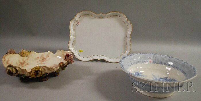 Three Pieces of Assorted Ceramics, a Meissen gilt-: Three Pieces of Assorted Ceramics, a Meissen gilt-decorated shaped tray, an English ironstone basin, and a Pinder, Bourne & Co. Barbotine-style footed bowl.