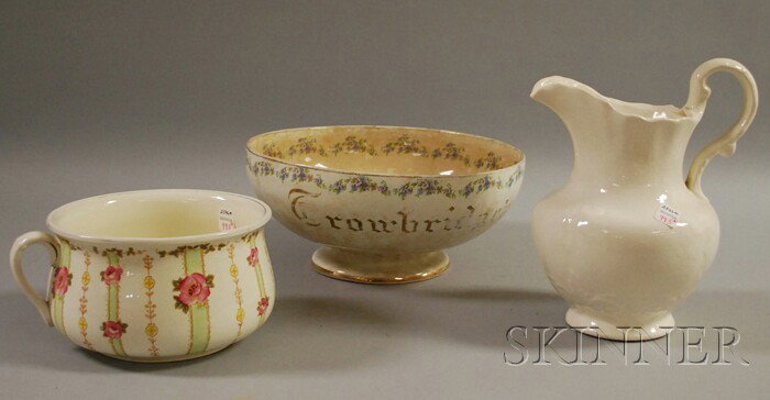 Three Decorated Ceramic Items, a chamber pot, pitc: Three Decorated Ceramic Items, a chamber pot, pitcher, and a "Troubridge's Original Chocolate Chips" footed punch bowl.