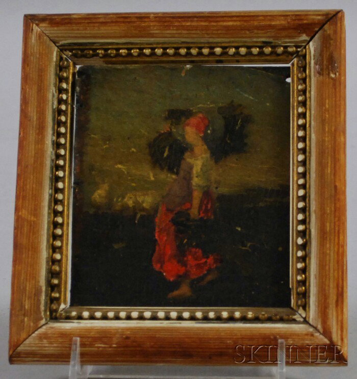 Small Continental School Oil on Board Depicting a: Small Continental School Oil on Board Depicting a Maiden Gathering Kindling, unsigned, framed, board 4 1/4 x 4 3/4 in.