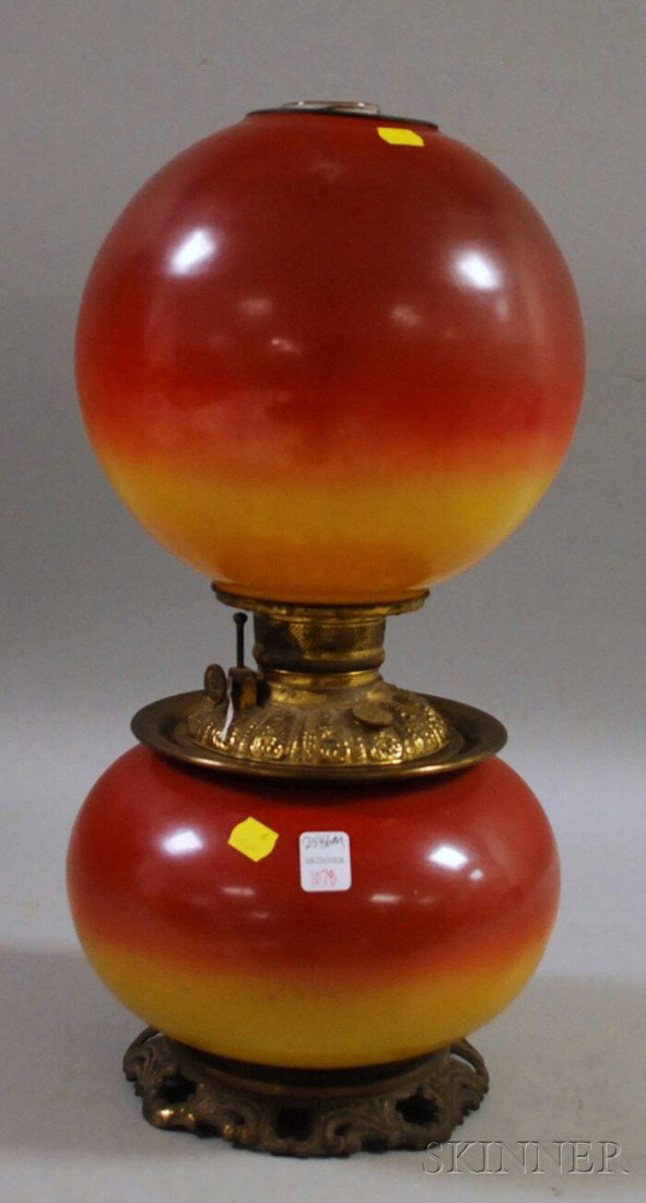 Painted Glass Gone-with-the-Wind Kerosene Lamp wi: Painted Glass Gone-with-the-Wind Kerosene Lamp with Brass Fittings.
