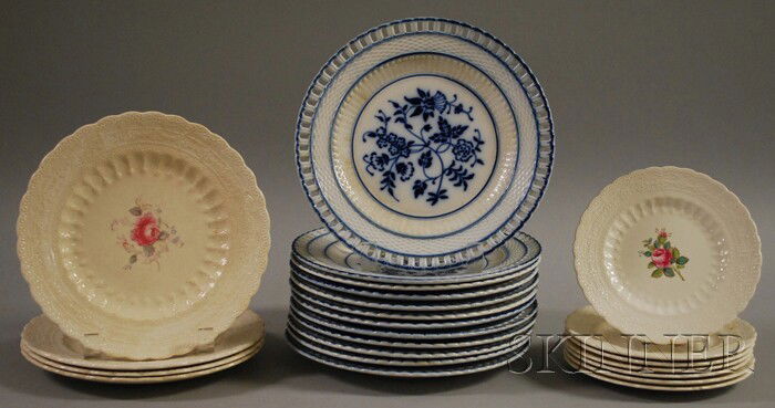 Set of Twelve French Blue and White Ceramic Plate: Set of Twelve French Blue and White Ceramic Plates with Pierced Rims and a Partial Set of Eleven Spode Billingsley Rose Pattern Ceramic Plates, the former dia. 8 1/2 in.