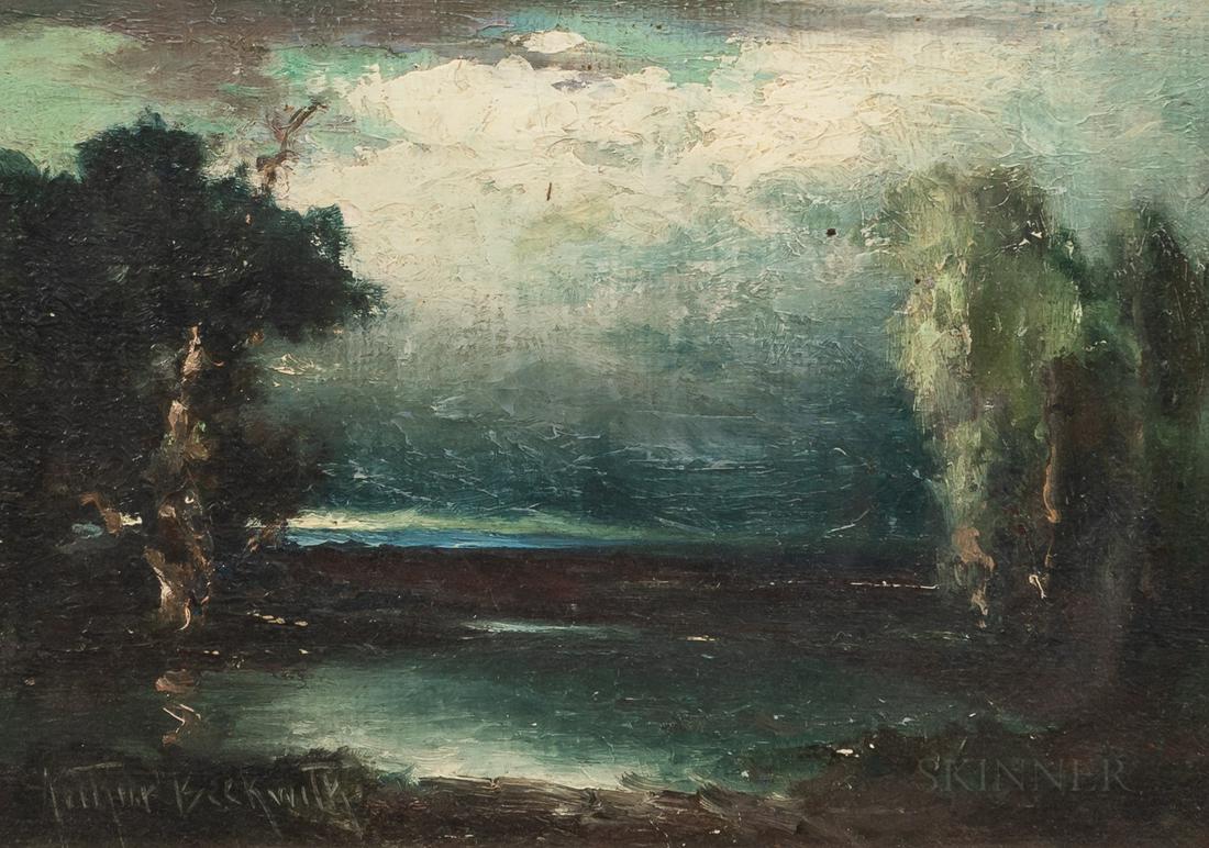 Arthur Beckwith (American, 1860-1930) Storm Cloud Signed "Arthur Beckwith" lower left, titled on the: Arthur Beckwith (American, 1860-1930) Storm Cloud Signed "Arthur Beckwith" lower left, titled on the stretcher. Oil on canvas, 7 x 10 in., framed. Condition: Patch reinforcement, old retouch, minor