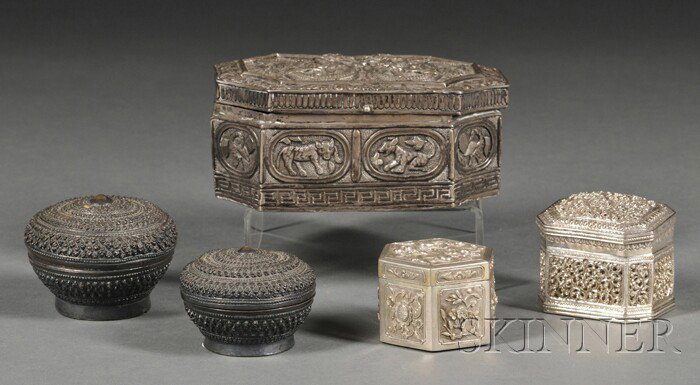 Five Silver Boxes, Southeast Asia, 19th century, a : Five Silver Boxes, Southeast Asia, 19th century, a rectangular box with repousse design of dragons, and four small boxes, lg. 2 1/4 to 6 in.