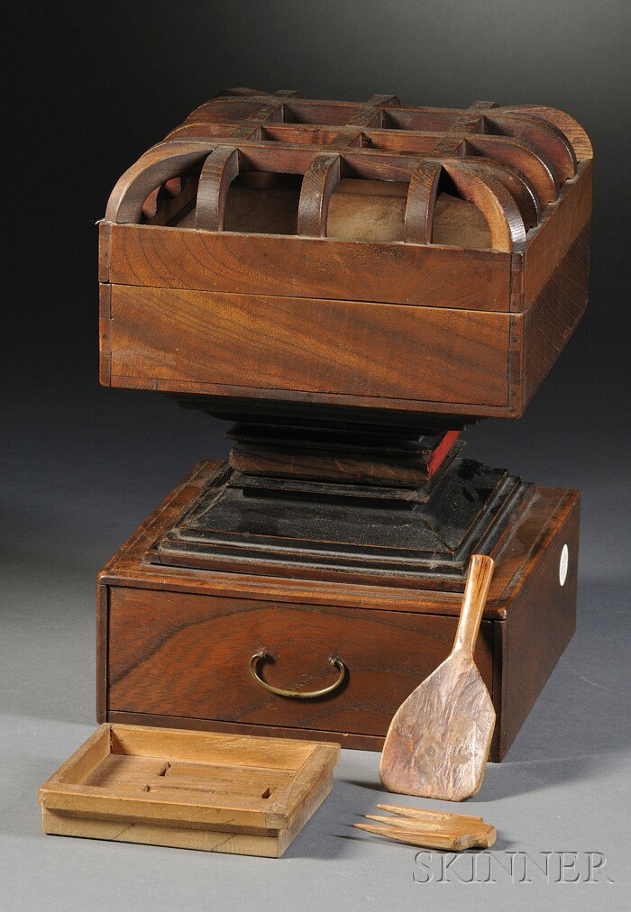 Incense Clock, Japan, 19th century, cypress wood w: Incense Clock, Japan, 19th century, cypress wood with accents of red and black lacquer, Jokoban type, ht. 12, lg. 8 3/8 in.
