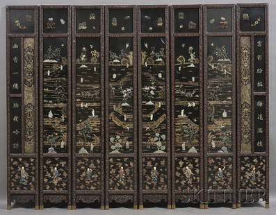 Eight-panel Inlaid Screen, China, 19th century, f: Eight-panel Inlaid Screen, China, 19th century, finely inlaid with jade, soapstone, and ivory with figures in a landscape, each panel 83 x 13 1/4 in.