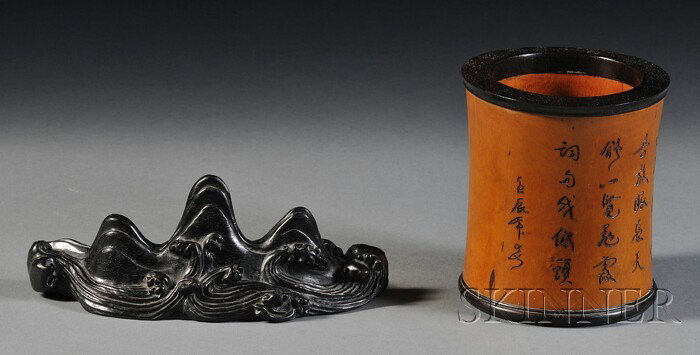 Wood Brush Rest and Brush Pot, China, the brush r: Wood Brush Rest and Brush Pot, China, the brush rest carved as a five-crested mountain rising above frothy waves, carved mark to the back, the brush pot carved with calligraphic inscriptions, dated re
