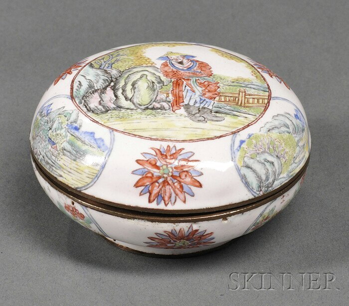 Enameled Copper Box and Cover, China, 19th century: Enameled Copper Box and Cover, China, 19th century, the circular box and cover painted with a recluse in a landscape, with panels enclosing mountain and water landscapes, Qianlong mark to the base, di