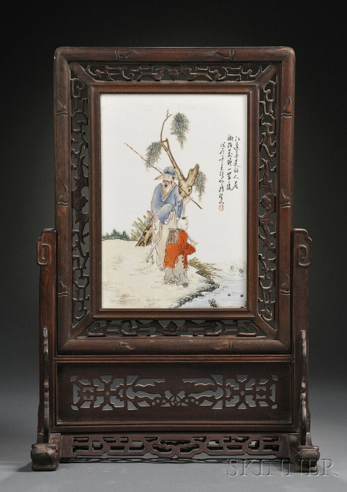 Framed Porcelain Plaque, China, the rectangular pl: Framed Porcelain Plaque, China, the rectangular plaque enameled with a recluse and his attendant in a landscape, inscribed, signed "Wang Qi, Zhu Shan," dated wuchen year, rosewood display stand carved