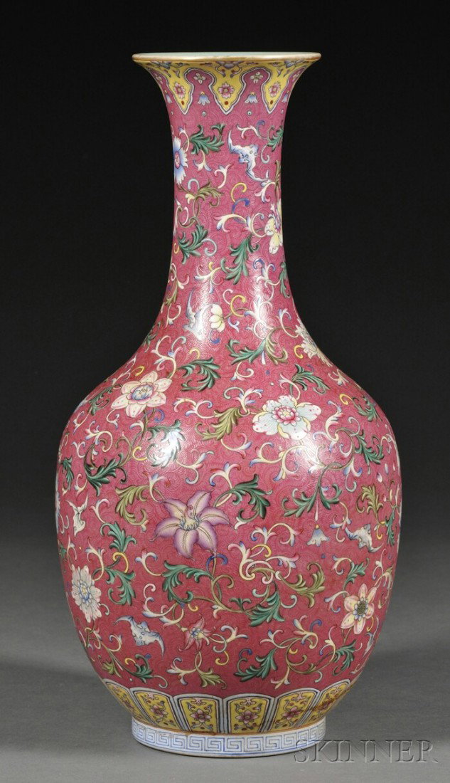 Sgraffito Magenta Vase, China, the exterior finely: Sgraffito Magenta Vase, China, the exterior finely painted with bats amidst a multitude of flowers borne on leafy meanders, on a magenta ground with sgrafitto acanthus leaf patterns, Jiaqing mark to t