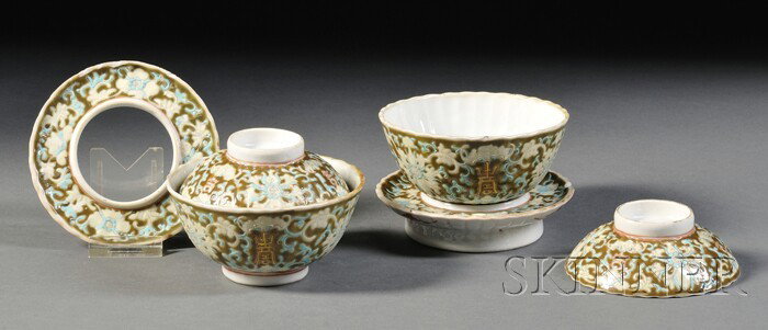 Pair of Covered Cups, China, each painted with bat: Pair of Covered Cups, China, each painted with bats, lotus, and auspicious characters reserved on brown enameled ground, mark to each base, ht. 3 1/2, dia. 4 1/4 in.