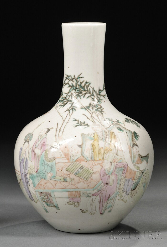 Porcelain Bottle Vase, China, painted with a maste: Porcelain Bottle Vase, China, painted with a master and his pupils around a painting table in a garden, with bamboo, bats, and rockery, inscriptions to the other side, signed "bingshen (year) zhongdon