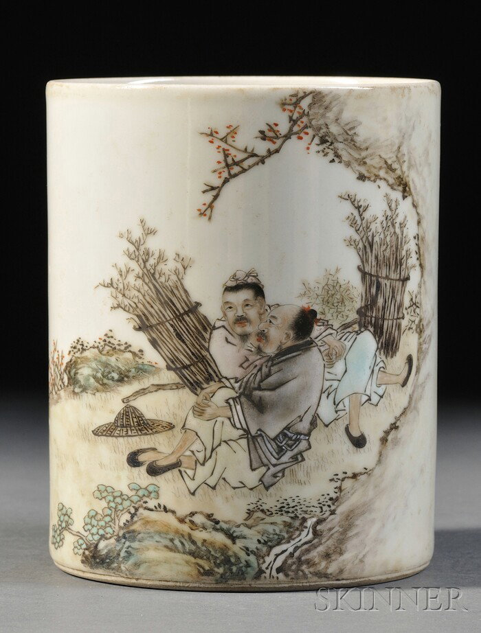 Famille Rose Brush Pot, China, the cylindrical sid: Famille Rose Brush Pot, China, the cylindrical side painted with a scene of two woodmen resting on the ground next to an outcrop, inscriptions to the reverse, dated yiyou year, signed "Zhushan Wang Qi