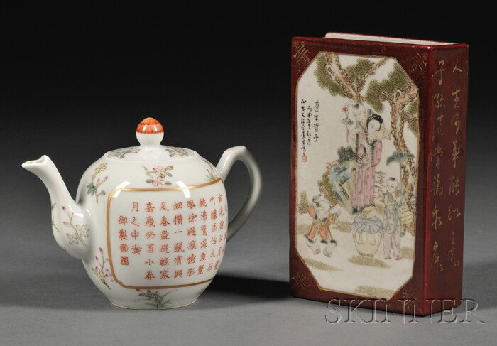 Two Ceramic Items, China, a teapot with a panel en: Two Ceramic Items, China, a teapot with a panel enclosing inscriptions to each side, surrounded by floral sprays, Jiaqing mark to the base, the other shaped as a book, painted to the front with a lady