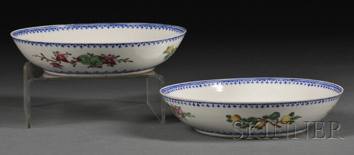Pair of Saucer Dishes, China, 18th century, finely: Pair of Saucer Dishes, China, 18th century, finely painted in polychrome enamel with iris, peach, loquat, and pomagranate sprays to the exterior, the interior with a peach roundel, "Dan Ning Tang Cang