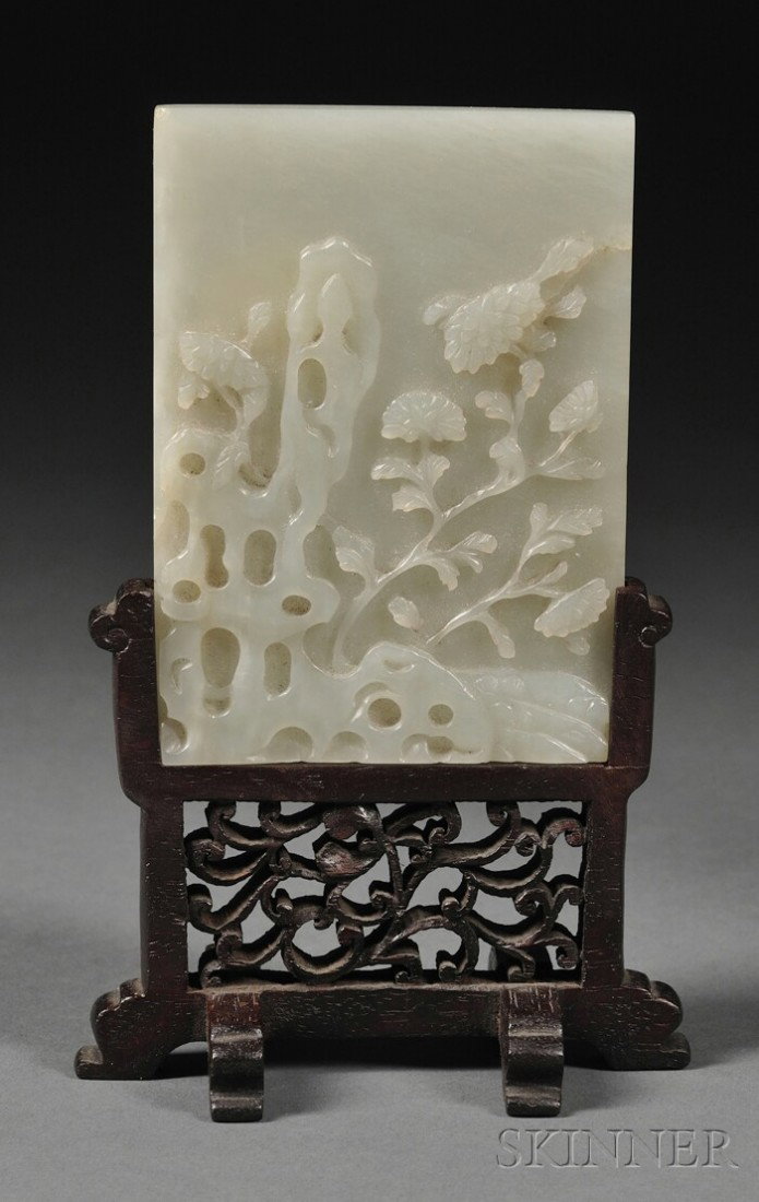 Jade Table Screen, China, 19th century, finely car: Jade Table Screen, China, 19th century, finely carved to the front in relief with chrysanthemum branches growing from rockery, the stone of gray-white color, display wood stand, 4 1/8 x 3 in.