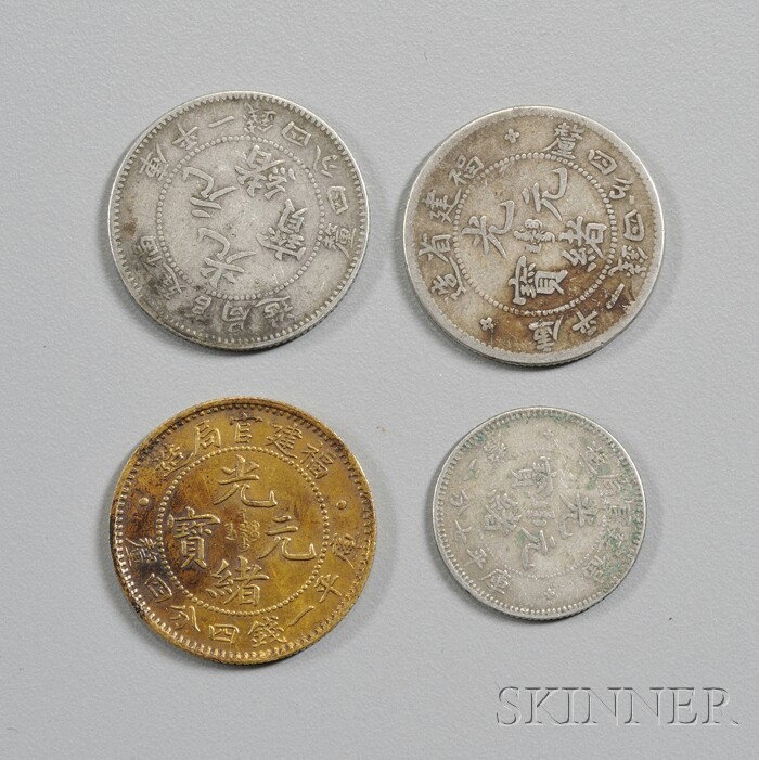 Four Coins, China, Guangxu mark and of the period : Four Coins, China, Guangxu mark and of the period (1875-1908), three silver, and one gold, Foo-Kien Province, 1 mace and 44 candareens.