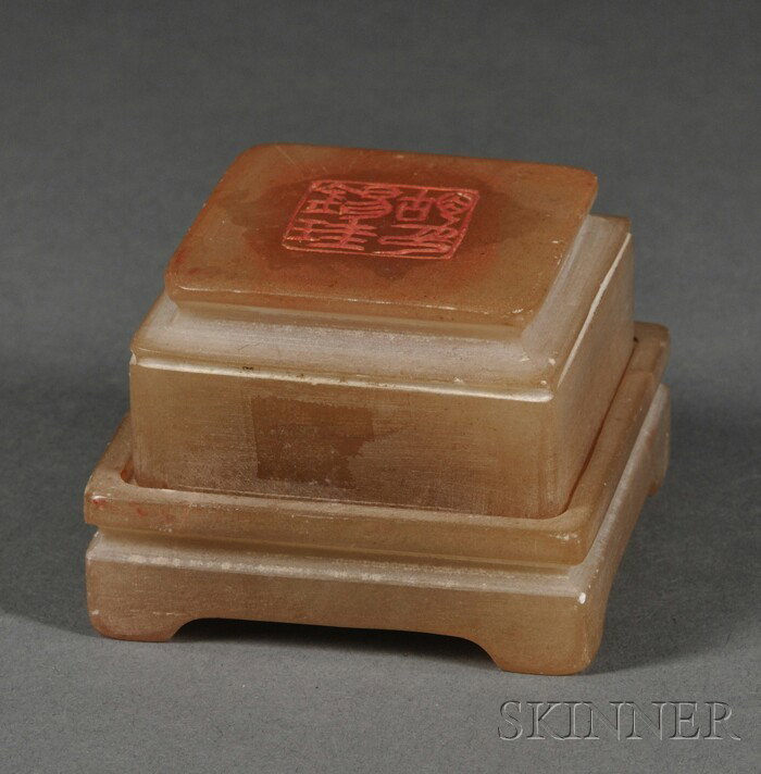 Soapstone Boxed Seal Set, China, the square box e: Soapstone Boxed Seal Set, China, the square box enclosing four seals, sq. 2 1/4, ht. 1 5/8 in.