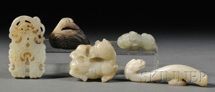 Five Jade Carvings, China, a dragon belt buckle, a: Five Jade Carvings, China, a dragon belt buckle, a chilong reticulated plaque, a monkey riding a horse, a foo dog, and a duck, lg. 1 3/8 to 3 in.