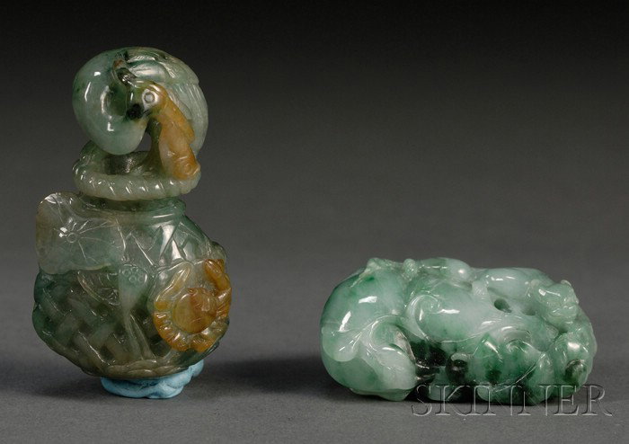 Two Jade Carvings, a pendant in the shape of a dou: Two Jade Carvings, a pendant in the shape of a double gourd with bats and crawling chi dragon, the stone of emerald color with spinach green markings; and a carving of a heron taking a fish from a bam