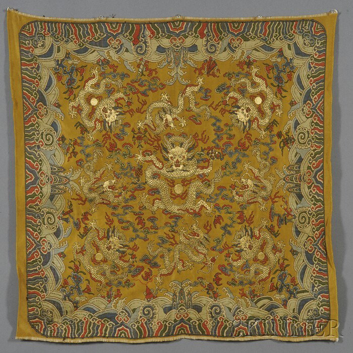 Square Kesi Panel, China, 19th century, decorated: Square Kesi Panel, China, 19th century, decorated with eight dragons in various attitudes encircling a forefronting dragon amidst flaming clouds and bats, with wave and rock borders, on a yellow groun