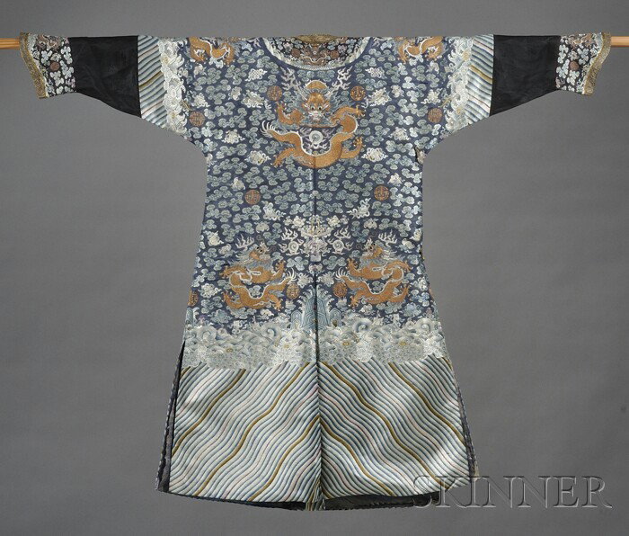 Embroidered Robe, China, 19th century, finely emb: Embroidered Robe, China, 19th century, finely embroidered with a forefronting dragon above two dragons in profile, amidst clouds interspersed with bats, twin fish, dragons, and cranes, above lishui bo