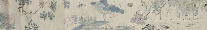 Handscroll, China, ink and colors on paper, depic: Handscroll, China, ink and colors on paper, depiction of birds on plum and other flowering branches, signed "Jiashen yuan dan shi mo Banding lao ren bi," with one seal "Chen Banding," 12 x 138 in.