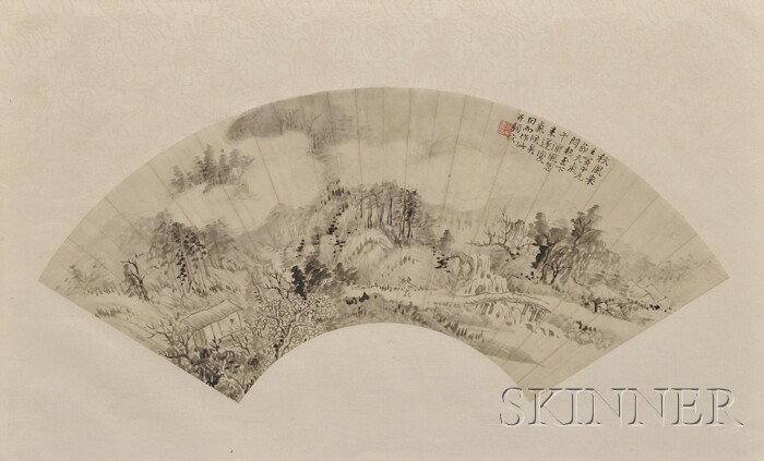 Fan Painting, Lu Hui (Lianfushi) (1851-1920), ink: Fan Painting, Lu Hui (Lianfushi) (1851-1920), ink on paper, depiction of a recluse crossing a bridge in a mountainous landscape, inscribed, signed, dated autumn in renyin year (1902), with one seal, f