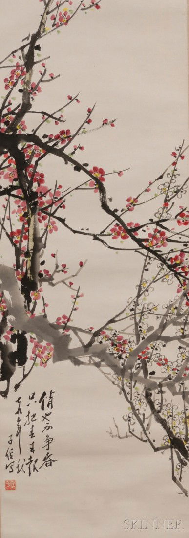 Hanging Scroll, (?) Zixin, ink and colors on pape: Hanging Scroll, (?) Zixin, ink and colors on paper, plum blossoms, signed, one seal, 38 1/2 x 13 1/2 in. Provenance: Ex Charles Chu Collection.