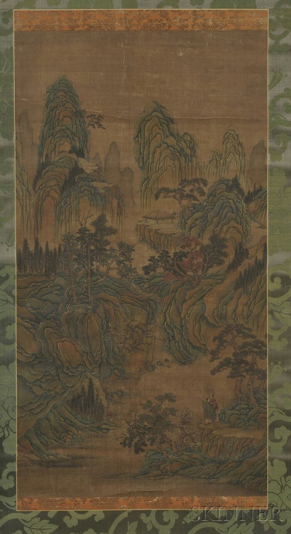 Hanging Scroll, China, ink and colors on silk, de: Hanging Scroll, China, ink and colors on silk, depiction of a lone cottage in a rocky landscape, 35 x 19 in.