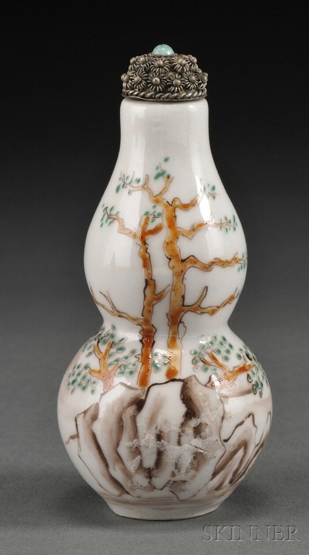 Double Gourd Snuff Bottle, China, early 20th cent: Double Gourd Snuff Bottle, China, early 20th century, well hollowed, painted with gnarled trees on rockery to one side, and a lone boatman in a mountainous landscape to the other, silver wirework stop