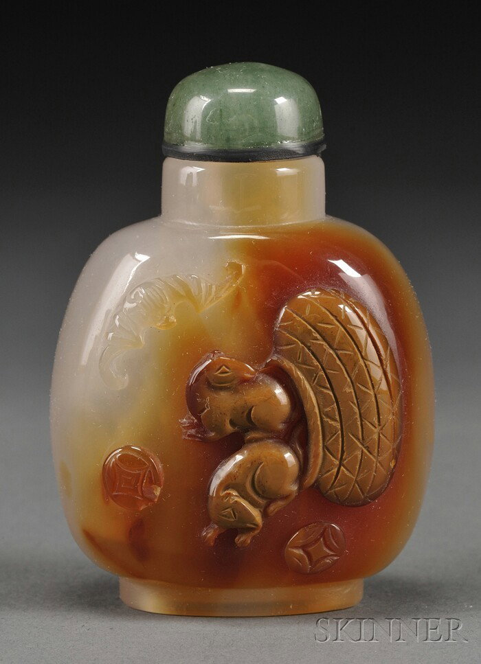 Agate Snuff Bottle, China, the rounded body carve: Agate Snuff Bottle, China, the rounded body carved in high relief with two horses leaping from a large basket, and bats and cash coins, the stone of white and russet color, green aventurine stopper, l