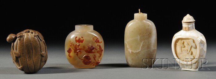Four Snuff Bottles, China, late 19th century, one: Four Snuff Bottles, China, late 19th century, one soapstone with plain surface, one mother-of-pearl with panels of birds and flowers, with domed stopper, one chalcedony with relief carving of bats and