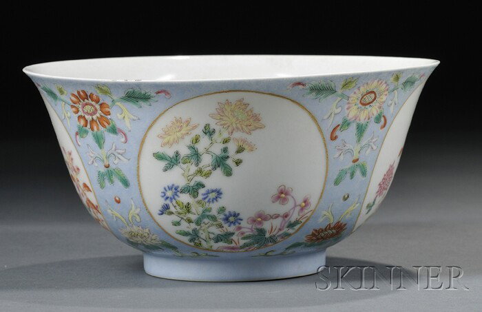 Famille Verte Bowl, China, decorated with four ro: Famille Verte Bowl, China, decorated with four roundels enclosing chrysanthemum branches, on a sgraffito pale blue ground, the interior with five bats in iron-red, ht. 3, dia. 6 in.
