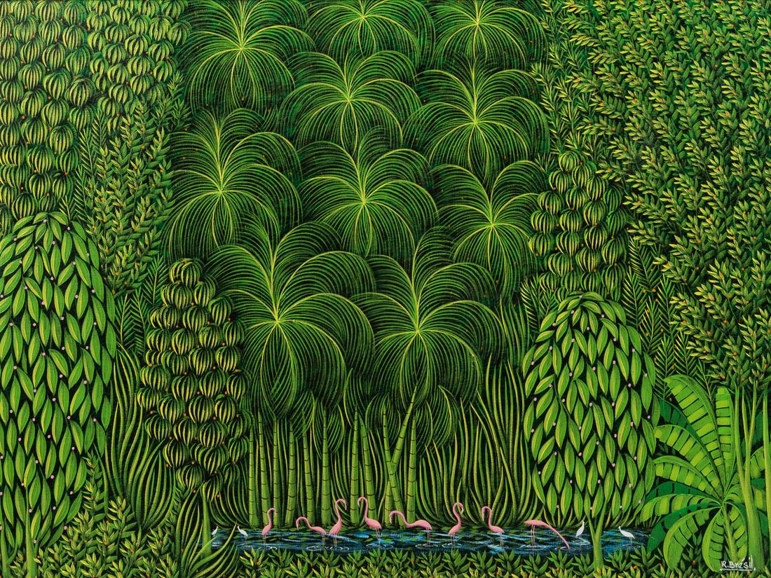 Henri-Robert Brésil (Haitian, 1952-1999), Forest with Flamingos, Signed "HR. Brésil" lower (1 of 4)
