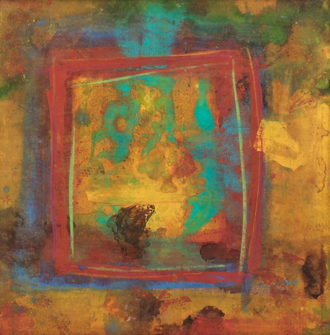 Jamali (Pakistani/American, b. 1944), Sunset in the Desert, Signed "JAMALI" on a label from Art and: Jamali (Pakistani/American, b. 1944) Sunset in the Desert Signed "JAMALI" on a label from Art and Peace, Inc., Winter Park, Florida, affixed to the frame backing paper. Mixed media on cork, 27