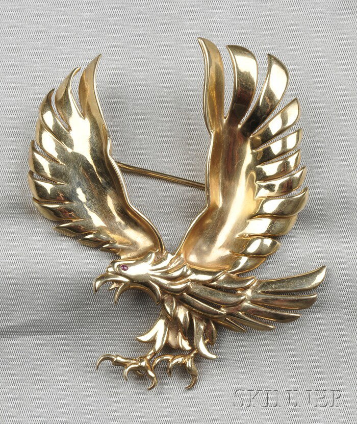 14kt Gold Eagle Brooch, c. 1940s, with cabochon ru: 14kt Gold Eagle Brooch, c. 1940s, with cabochon ruby eye, 15.4 dwt, lg. 2 3/4 in.