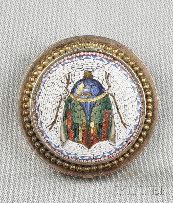 Antique Micromosaic Beetle Brooch, with beaded fra: Antique Micromosaic Beetle Brooch, with beaded frame, gold mount, dia. 1 1/4 in.