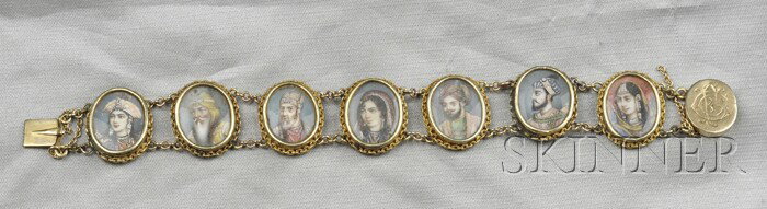 Antique Gold and Portrait Miniature Bracelet, Indi: Antique Gold and Portrait Miniature Bracelet, India, depicting bejeweled Mughal emperors and their consorts in elaborate costumes, each within ribbed chain link frames, lg. 7 in., (damage and repairs)