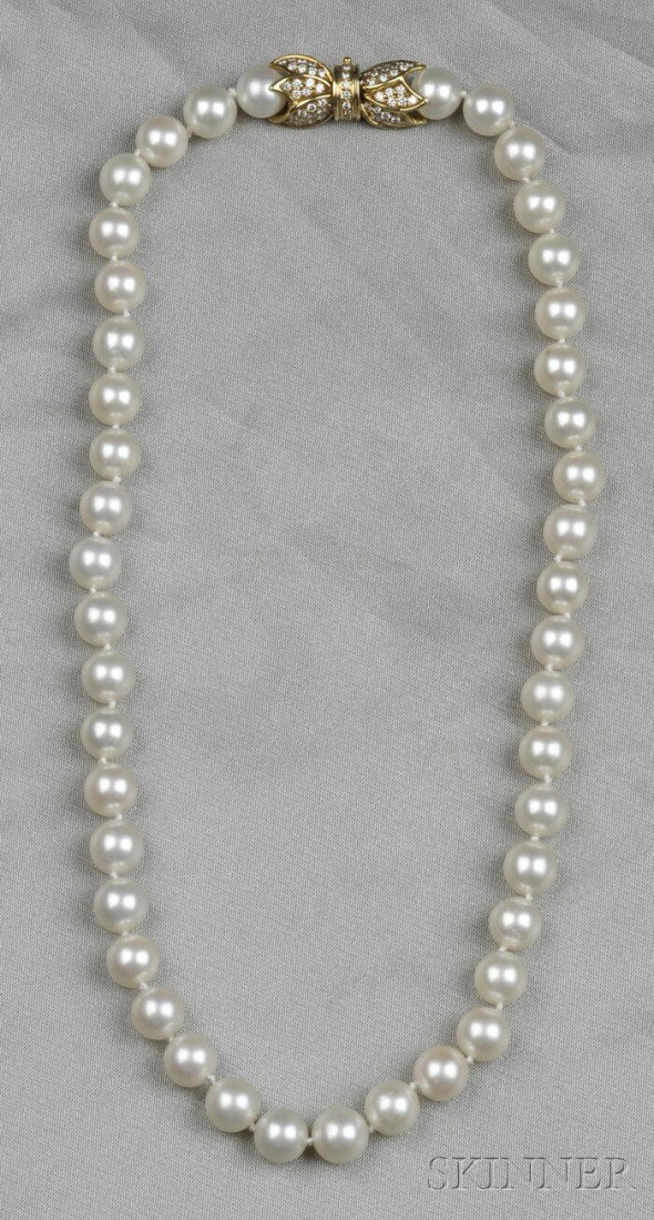 Cultured Pearl Necklace, Mikimoto, composed of for: Cultured Pearl Necklace, Mikimoto, composed of forty-four pearls measuring approx. 7.80 to 8.00 mm, completed by an 18kt gold clasp pave-set with full-cut diamond melee, lg. 16 1/2 in., unsigned. Note