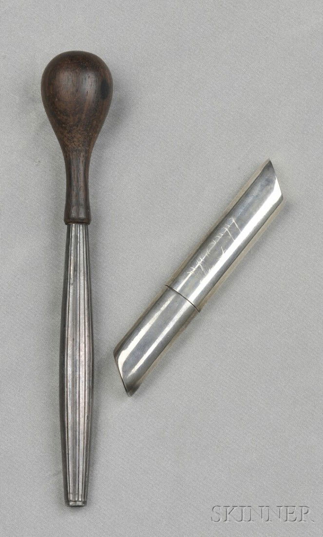 Silver, Enamel, and Wood "Contempra House" Muddler: Silver, Enamel, and Wood "Contempra House" Muddler, designed by Earl Pardon abd made by Towle Silversmiths, unsigned, together with a silver toothpick holder with the monogram MCW for Margret Craver W