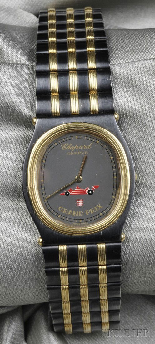 "Grand Prix Monte-Carlo" Wristwatch, Chopard, the: "Grand Prix Monte-Carlo" Wristwatch, Chopard, the dial with dot numeral indicators, enclosing a quartz movement, completed by a patinated stainless steel and 18kt gold bracelet with deployant clasp, n