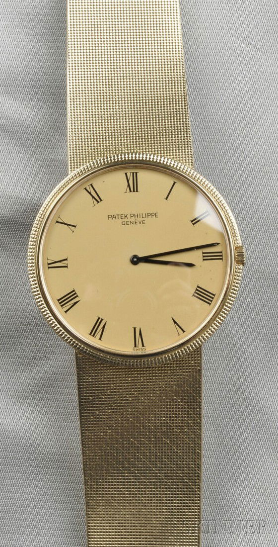 18kt Gold Wristwatch, Patek Philippe, c. 1970s, th: 18kt Gold Wristwatch, Patek Philippe, c. 1970s, the champagne dial with Roman numeral indicators, enclosing 36-jewel automatic movement no. 1280747, case no. 2703123, ref. no. 3588-1, completed by a w