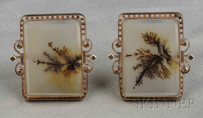 Antique 14kt Rose Gold and Moss Agate Cuff Links,: Antique 14kt Rose Gold and Moss Agate Cuff Links, each rectangular tablet within a beaded frame, lg. 1 1/4 in.
