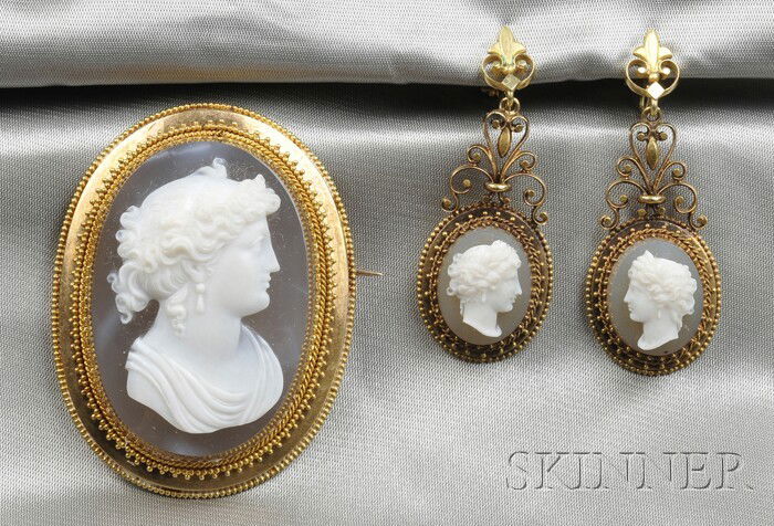 Antique 18kt Gold and Hardstone Cameo Suite, Franc: Antique 18kt Gold and Hardstone Cameo Suite, France, the brooch set with a cameo depicting a maiden with upswept hair, ropetwist and beaded frame, earpendants en suite, lg. 2 1/8, 2 in., maker's mark