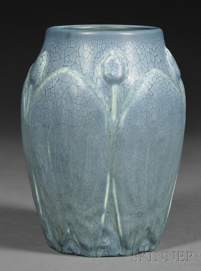 Hampshire Pottery Vase Decorated pottery Keene, New: Hampshire Pottery Vase Decorated pottery Keene, New Hampshire, late 19th century Ovoid form with molded flower buds on stems alternating with broad leaves, matte blue glaze on white clay body, impress